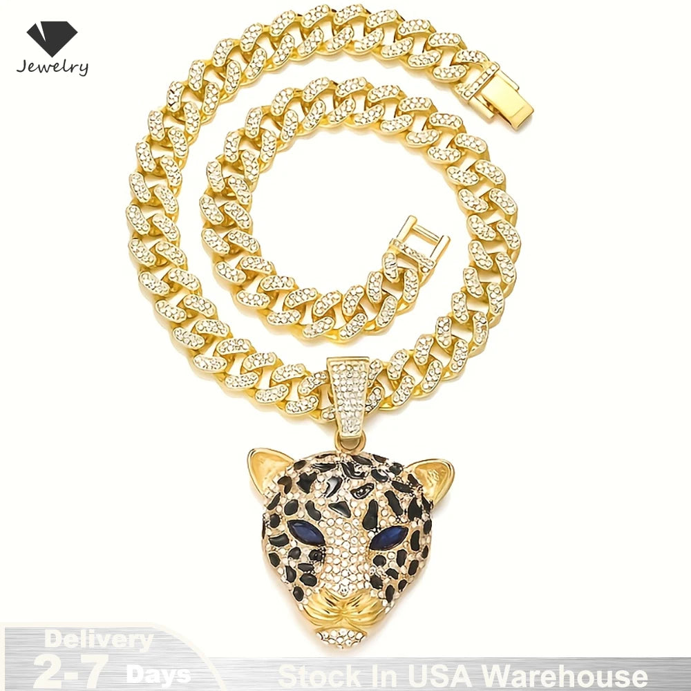 Leopard Necklace Zinc Alloy Diamond Leopard Head Pendant - Luxury Cuban Chain