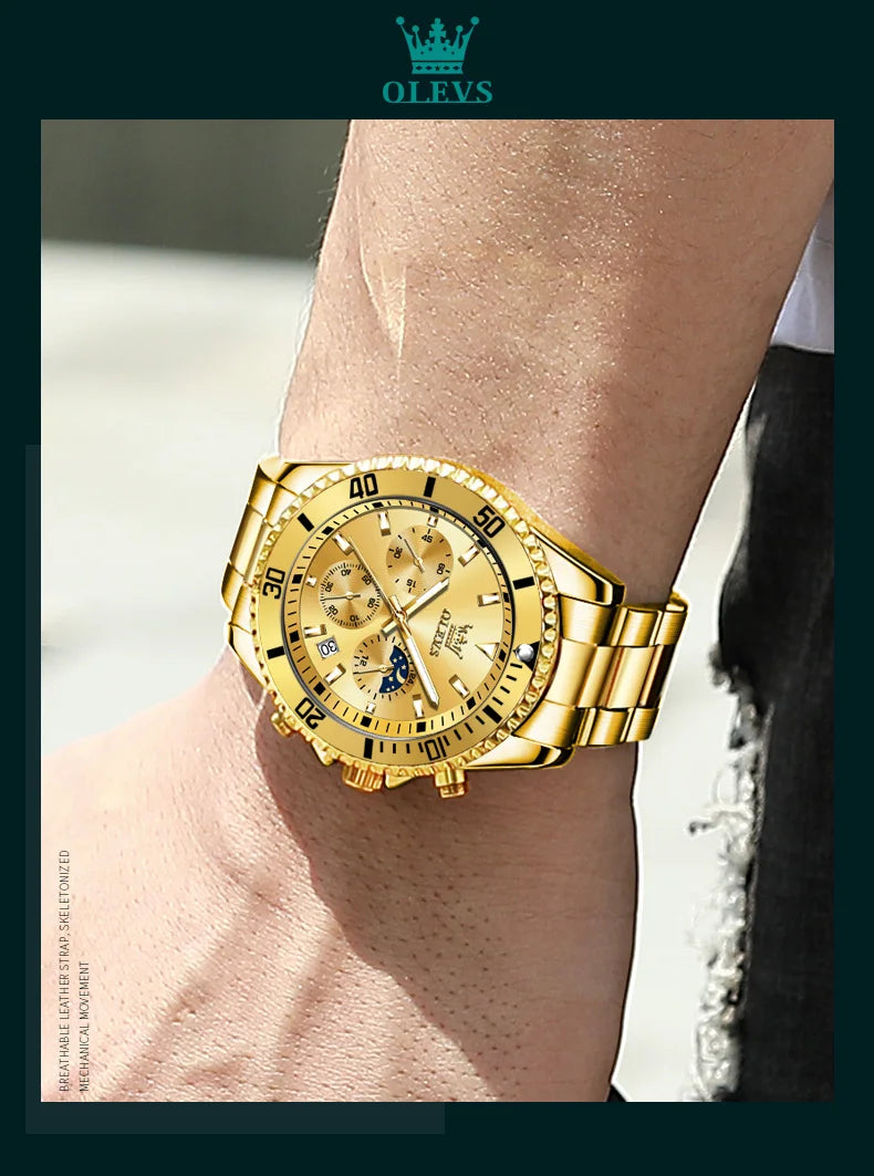 Moon Phase Men's Watches - Original Waterproof Luxury Quartz Watch Stainless Steel Chronograph