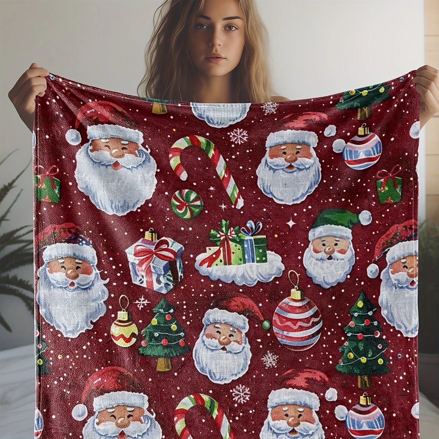 Vintage Christmas Santa Claus Snowflake Candy Cane - Tree Presents Pattern Flannel Throw Blanket – Cozy, Warm