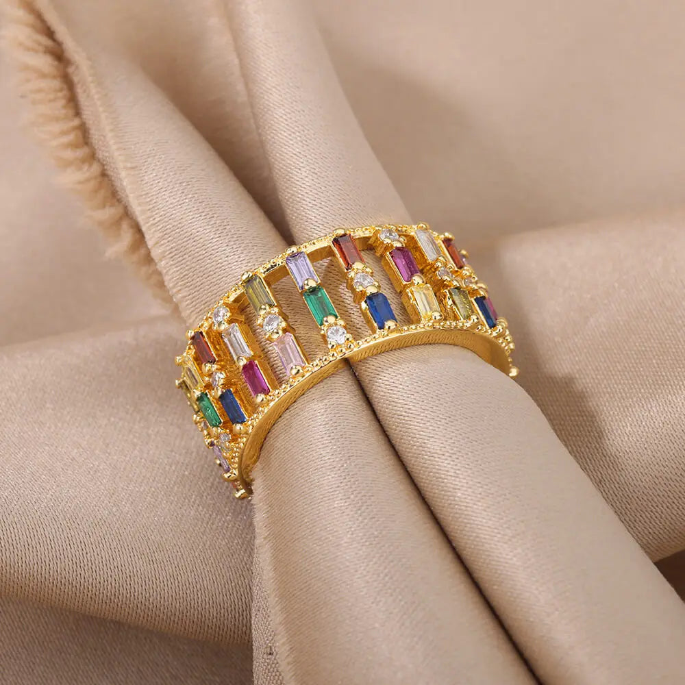 Rainbow Zircon Rings For Women Stainless Steel Gold Color - Geometric Adjustable Ring J