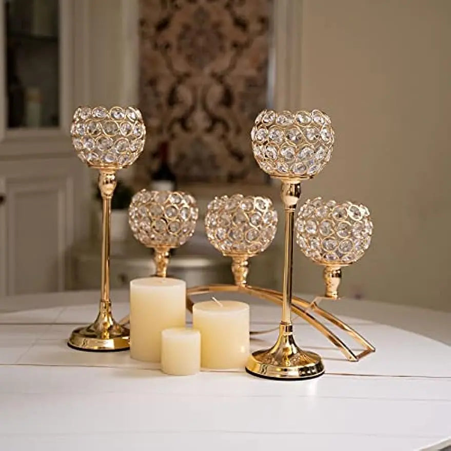 Gold Candle Holders for Table Centerpieces, - Tealight Candlestick, -  Candelabra Stand,- 3 Arms for Living Room, Wedding Decor