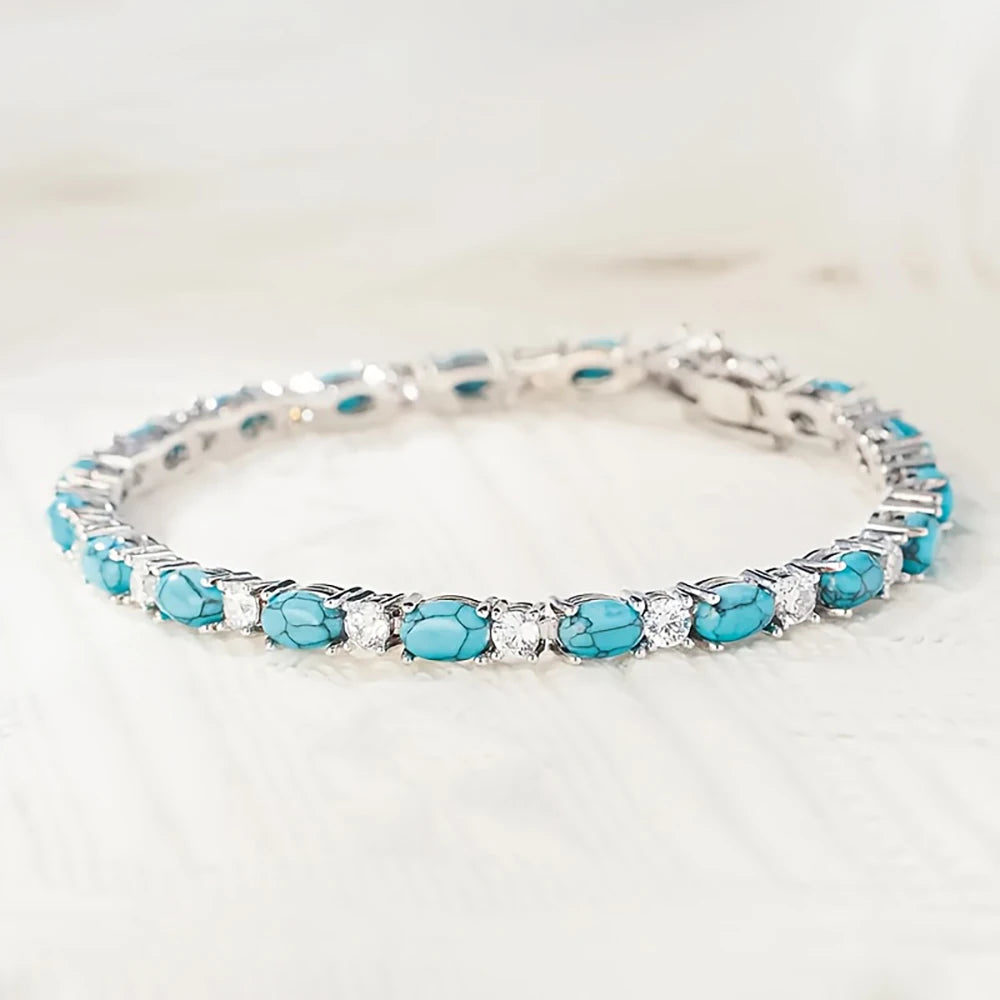 925 Sterling Silver 20cm Turquoise Tennis CZ Zircon Chain Bracelet for Women Luxury Crystal Fine Jewelry Gift Shipping from USA