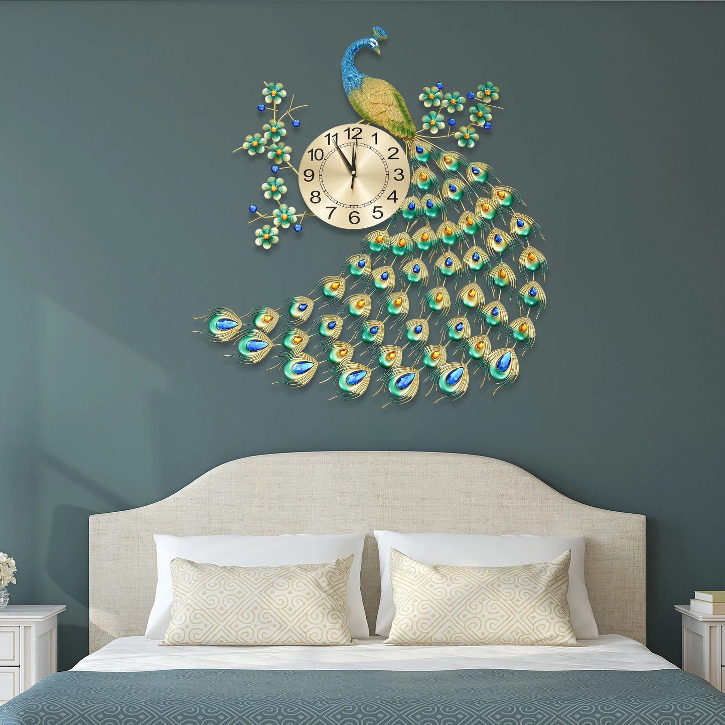 Luxury Peacock Wall Clock -  Metal 3D Art Decoration Wall Clock -  8.26Inch Silent Quartz