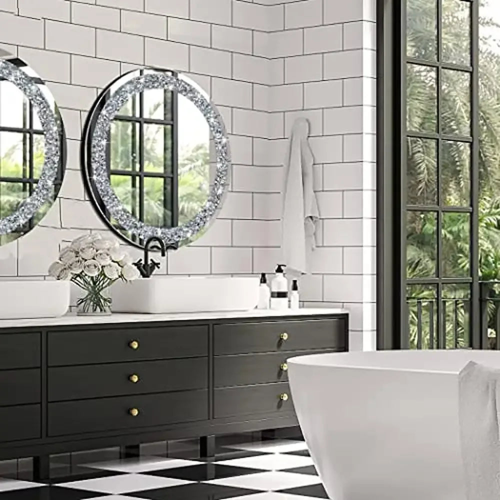 Crystal Crushed Diamond Round Silver Wall  Mirror