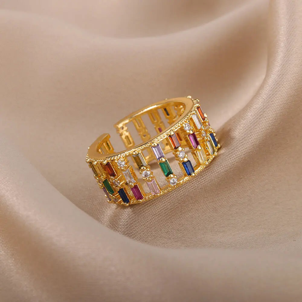 Rainbow Zircon Rings For Women Stainless Steel Gold Color - Geometric Adjustable Ring J