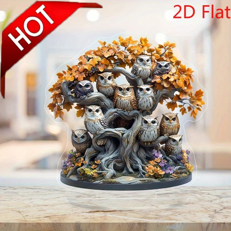 Owl & Tree of Life Acrylic Suncatcher – Elegant Desktop for Living Room, Bedroom