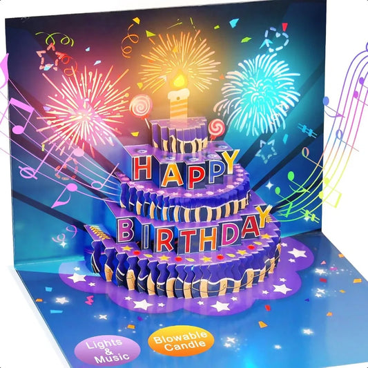 Fireworks Birthday Cards 3D Pop Up Blowable Cake. Greeting Cards with Lights Music Happy Birthday