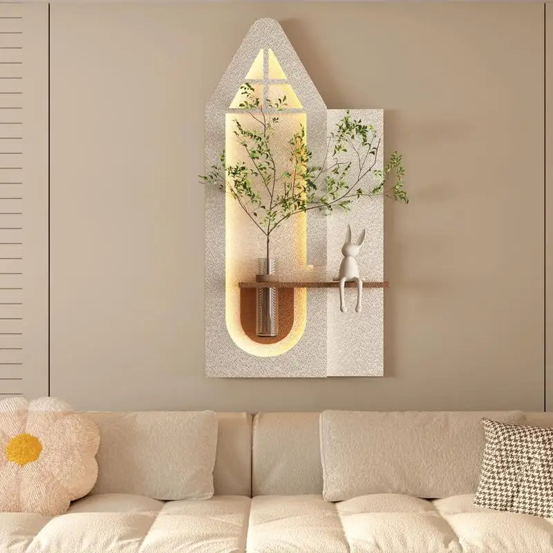 Adjustable 3-Color LED Sandstone Wall Decor with Green Plants - 3D Art Sculpture, Glass Vase & Rabbit Figurine, Remote Control