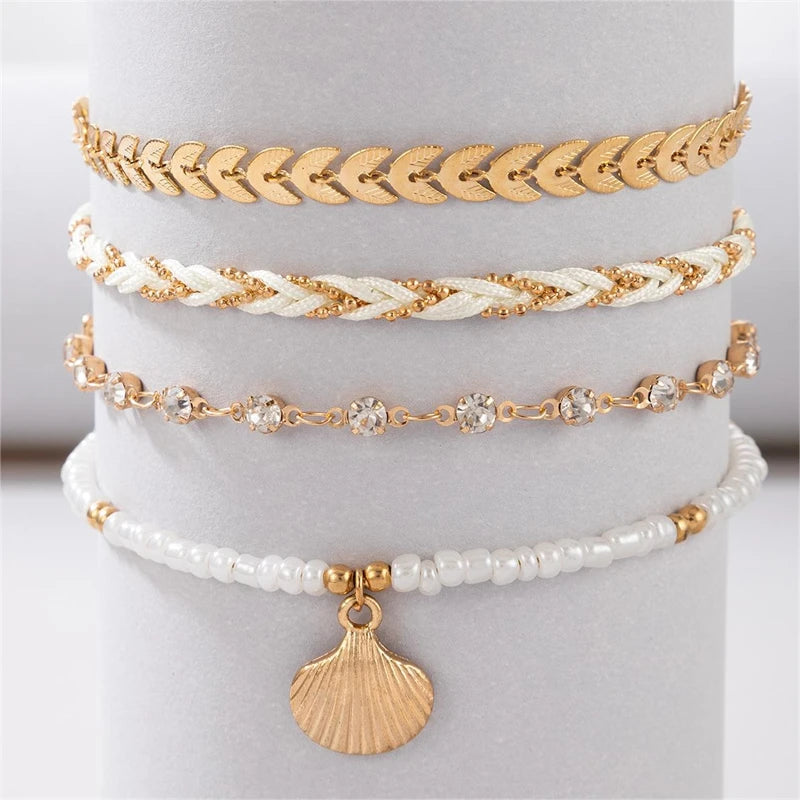 4pcs/set Bohemia Shell Bracelets for Women -  Metal Chain Bangles