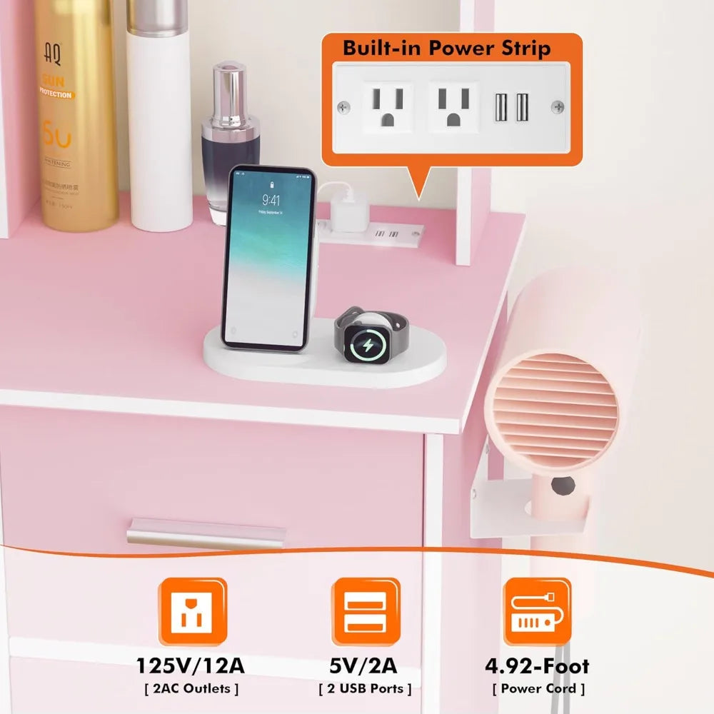 Makeup Vanity with Lights and 2 Mirror, Vanity Table with 3 Lighting Modes and Stool Set, Large Dressing Table with Drawers, Va