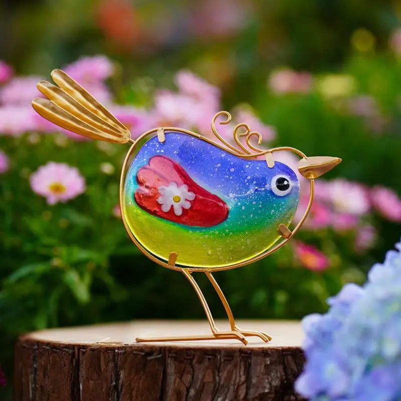 Bird Figurine Colorful Metal Glass  Set Of 3 Garden Art Statues