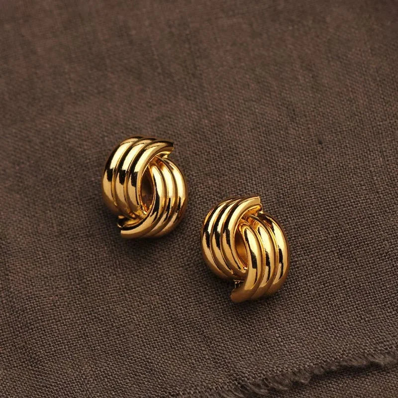 Fashion Glossy Three-Layer Textured Intersecting Knot Earrings for Women - Gold Color Stainless Steel Earring V