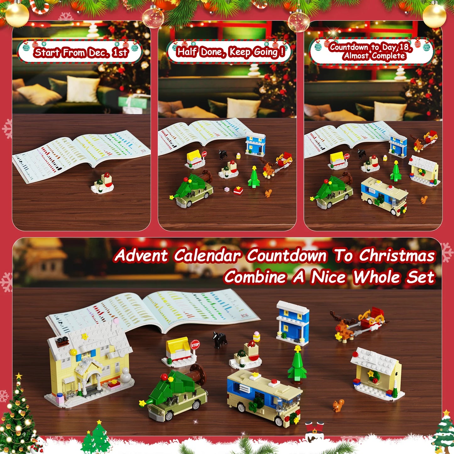 Christmas Holiday Advent Calendar - Building Blocks Set 24 Surprises - Festive Decor with Houses, RV, Car,Gifts for Boys and Girls
