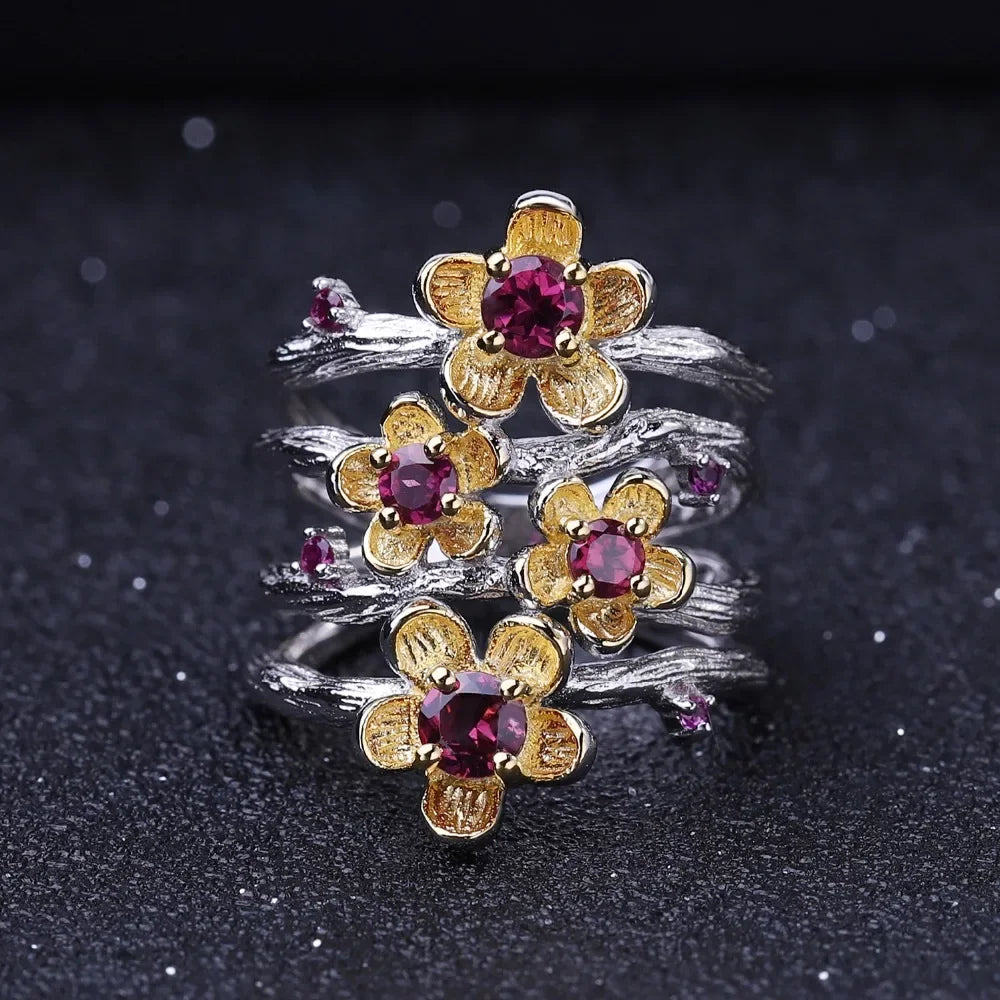 925 Sterling Silver Handmade Ring -  0.96Ct Natural Rhodolite Garnet Plum Blossom Flower Rings