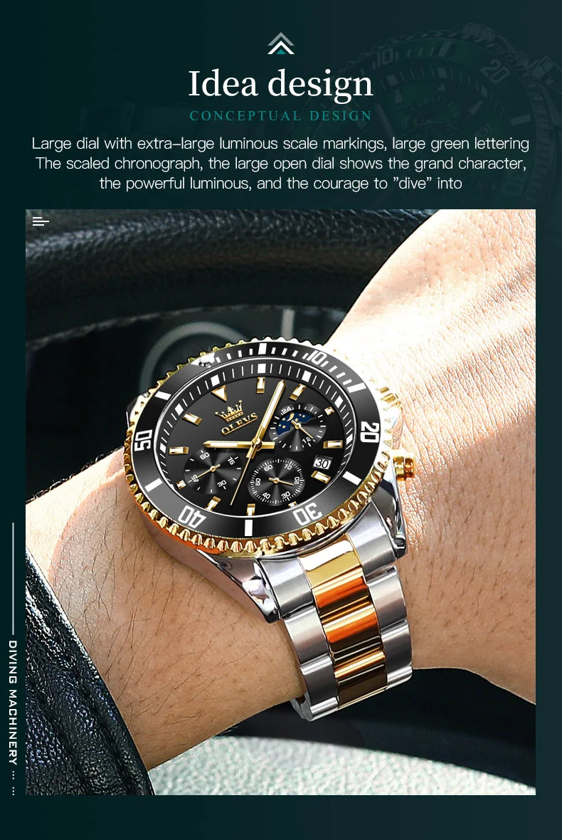 Moon Phase Men's Watches - Original Waterproof Luxury Quartz Watch Stainless Steel Chronograph