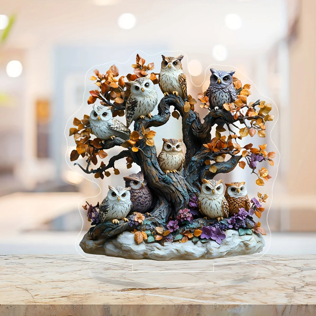 2D Acrylic Owl Tree Statue - Floral Desktop Decor with Stand