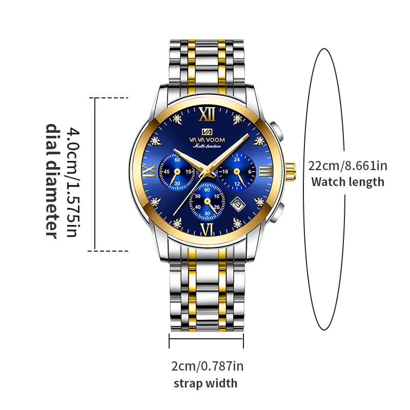 Men Multifunctional Watch - Fashionable Stainless Steel Strap - Blue Gold Rhinestone Clock