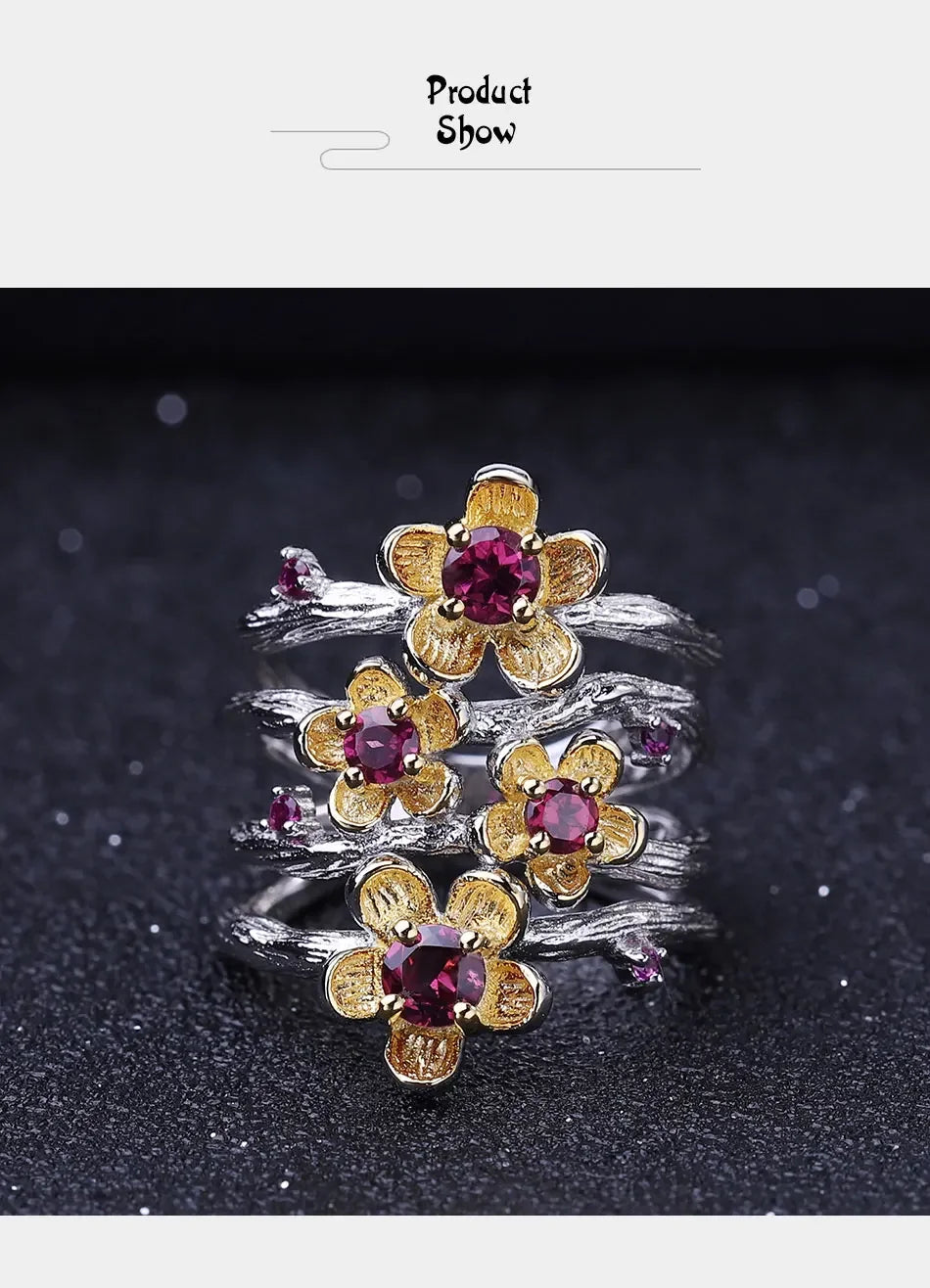 925 Sterling Silver Handmade Ring -  0.96Ct Natural Rhodolite Garnet Plum Blossom Flower Rings