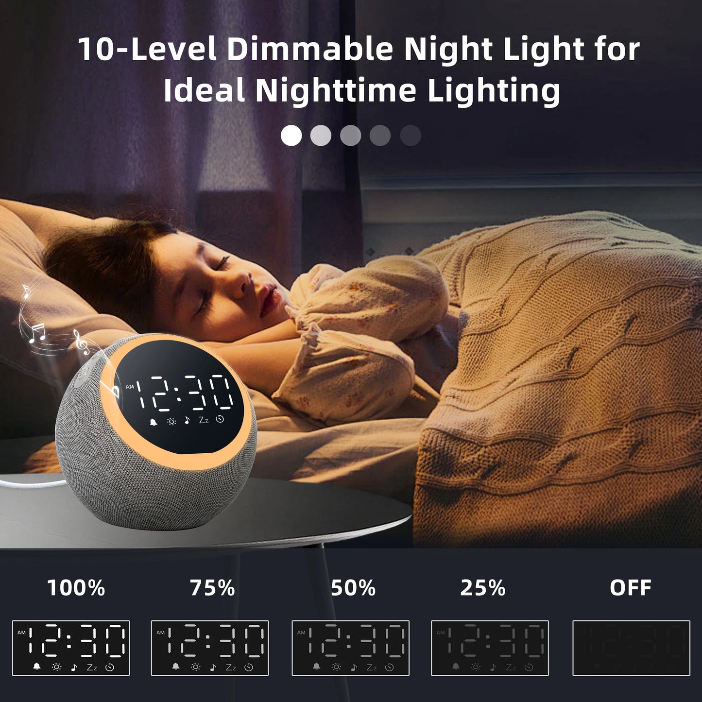 White Noise Sound Machine Alarm Clock with Night Light,-  25 Soothing Sounds, , Dimmable