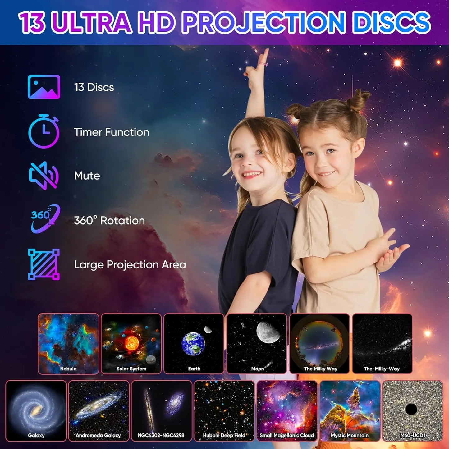 13 In 1 Galaxy Ultral Star Projector HD Image - Area LED Night Light, - 13 Film Discs,360° Rotate for