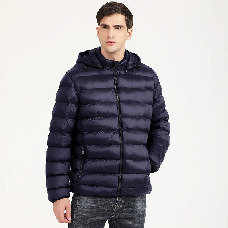 Men's Down Puffer Jacket - Cotton Padded Winter Jacket - Hooded Down Coat - Water and Wind-Resistant Coat