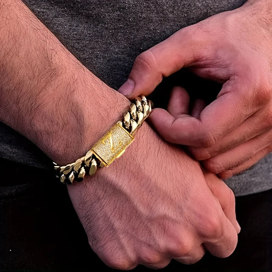14mm Cuban Link Chain Bracelets - 18K Gold Plated Stainless Steel - Exaggerated Big Bangle Bracelet. - Men'Letter Bracelet