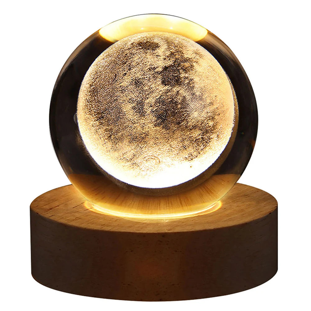 LED Crystal Ball Night Light - Crystal Ball Lamp with Wooden Base - USB Charging