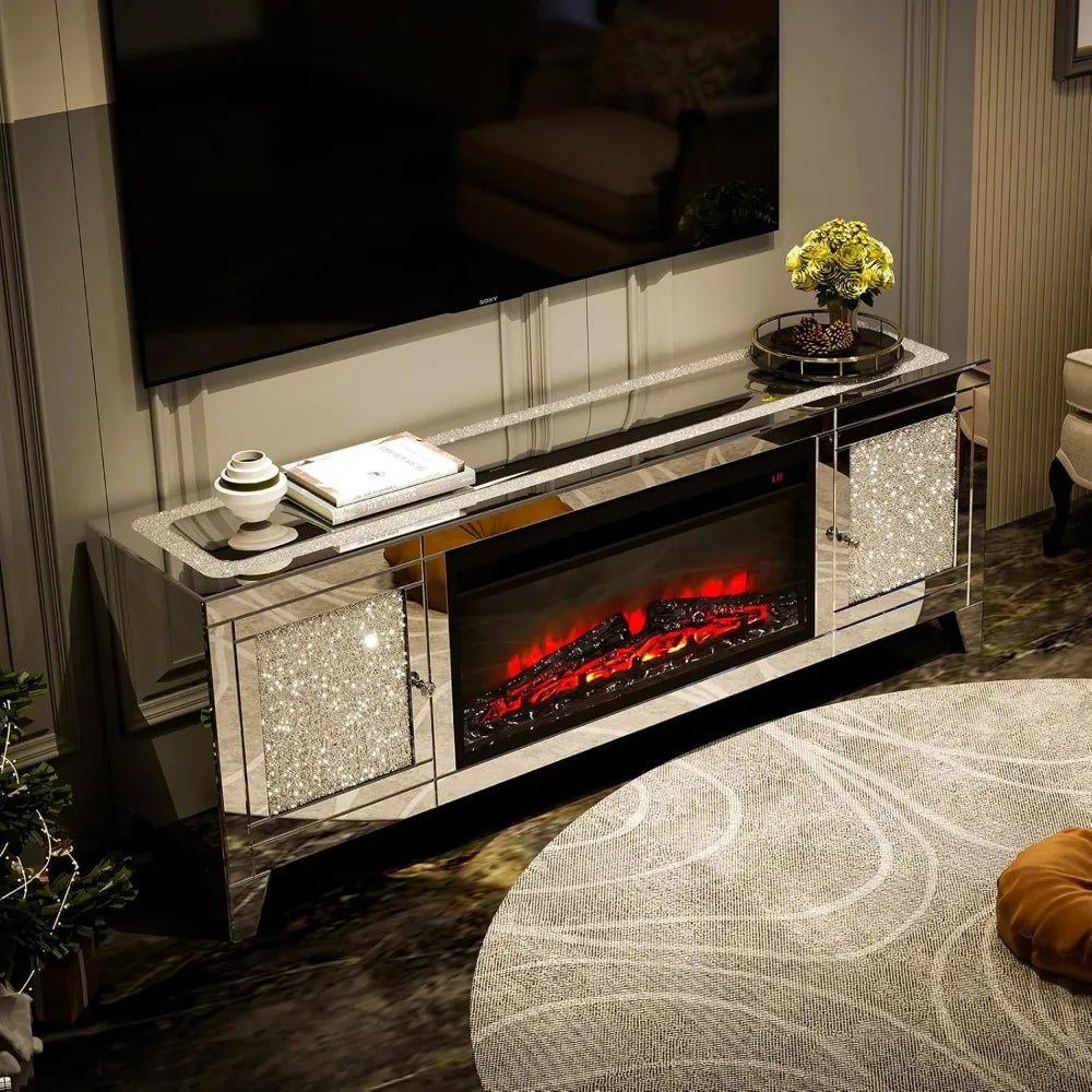 Fireplace TV Stand, Mirrored Silver  for 65 Inch TVs, Tall  Entertainment Center with Storage,