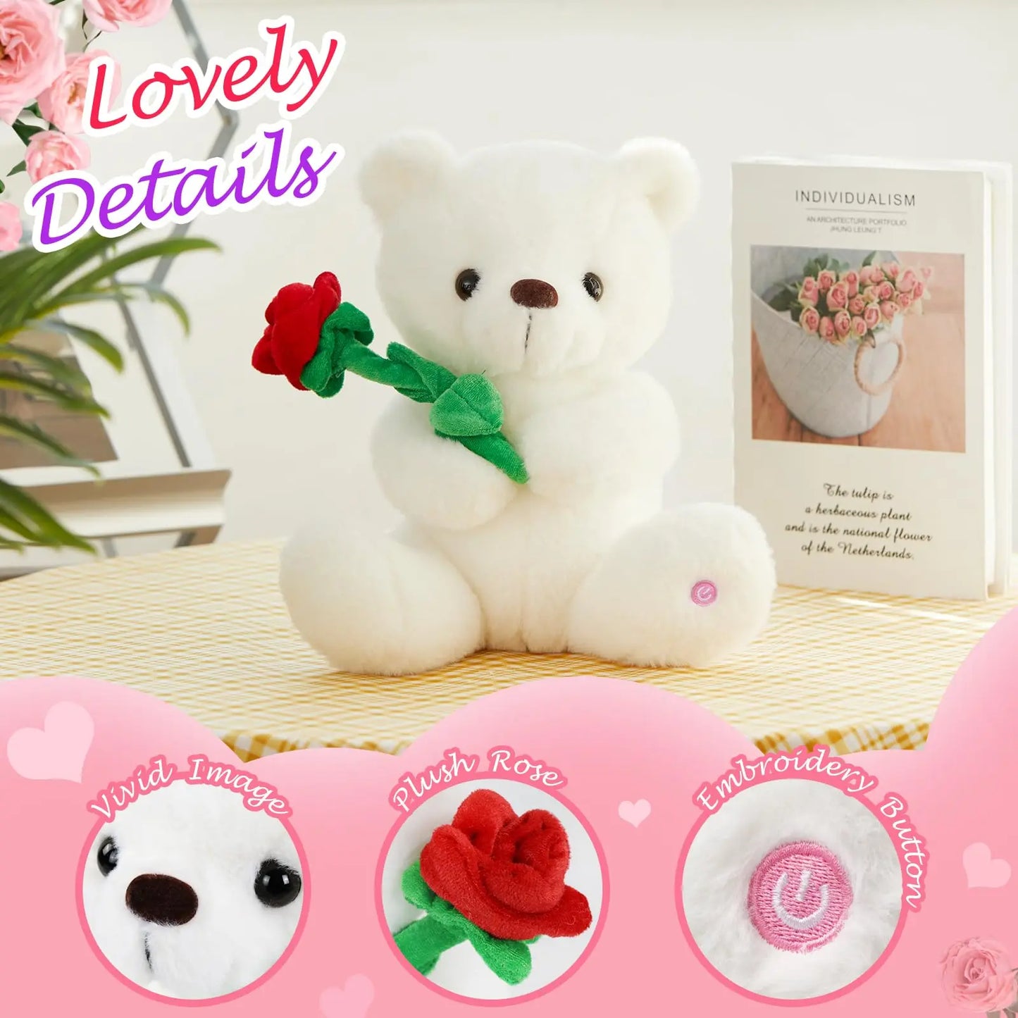 Glow White Teddy Bear with Rose Stuffed Animal - Soft Light Up - Plush Toy LED Night Lights Holiday Gifts