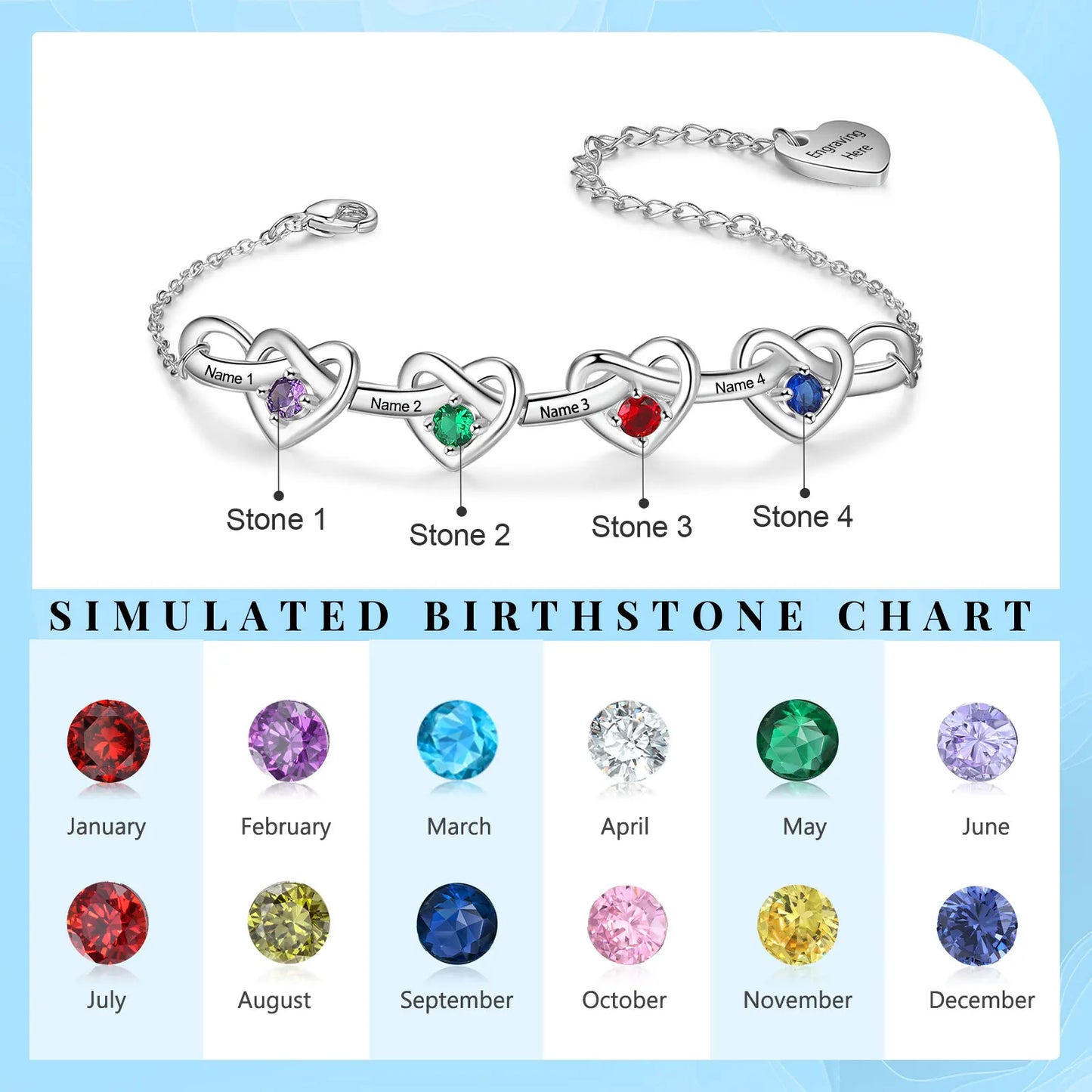 Heart Bracelet with 2-6 Birthstones