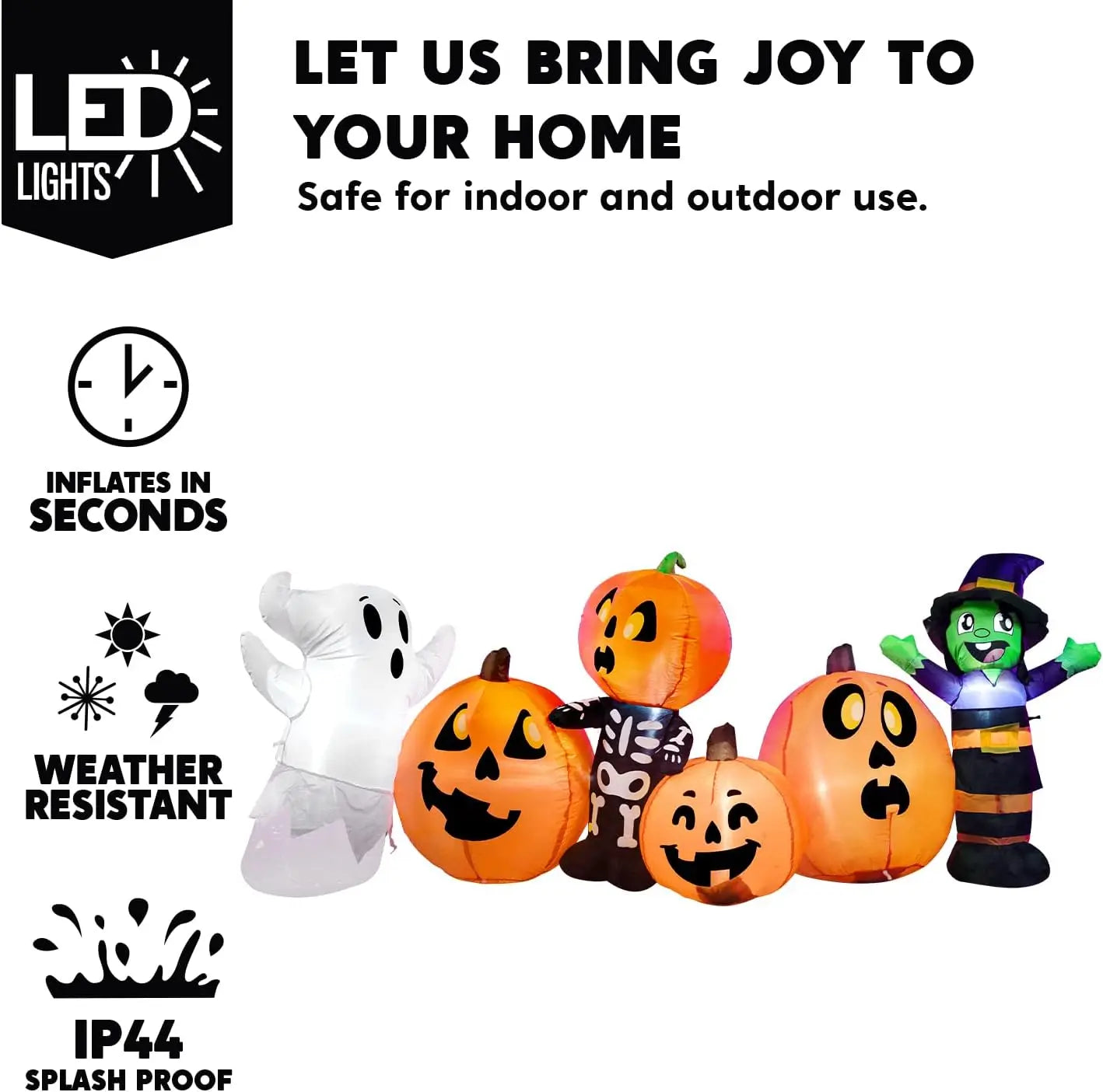 JOYFY 8 ft Long Halloween Inflatable - Three Characters and Pumpkin Patch Outdoor Decoration - Inflatable Witch Ghost Skeleton Yard