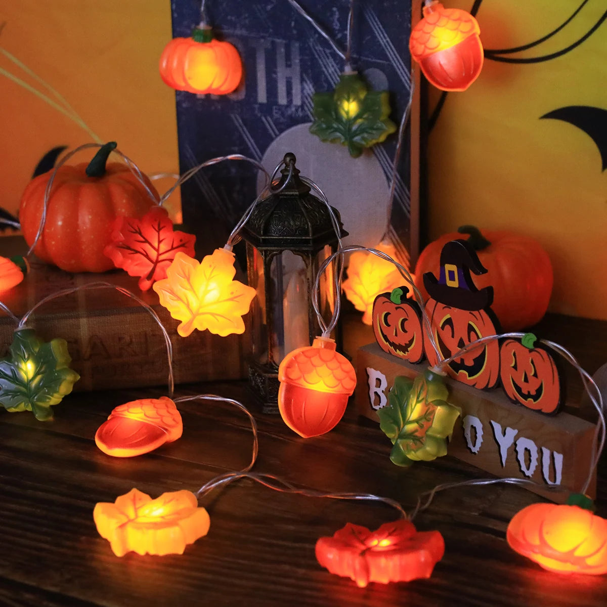 LED Pumpkin Maple Leaf Acorn String Lights， Decoration for Halloween - Thanksgiving - Christmas,