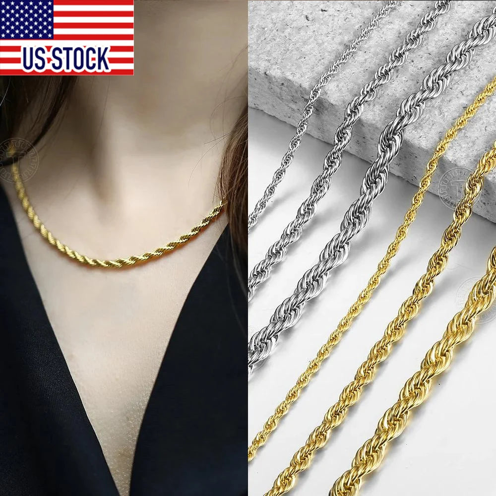 2mm-7mm Rope Chain Necklace Stainless Steel for Men Women - Gold Silver Color Chains