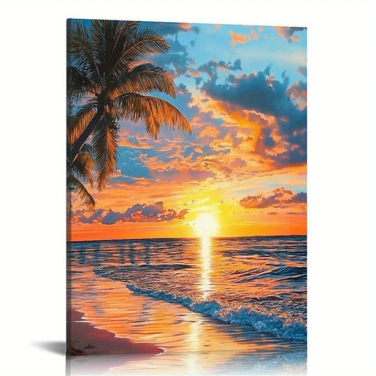 Romantic Coastal Painting with Warm Sunset