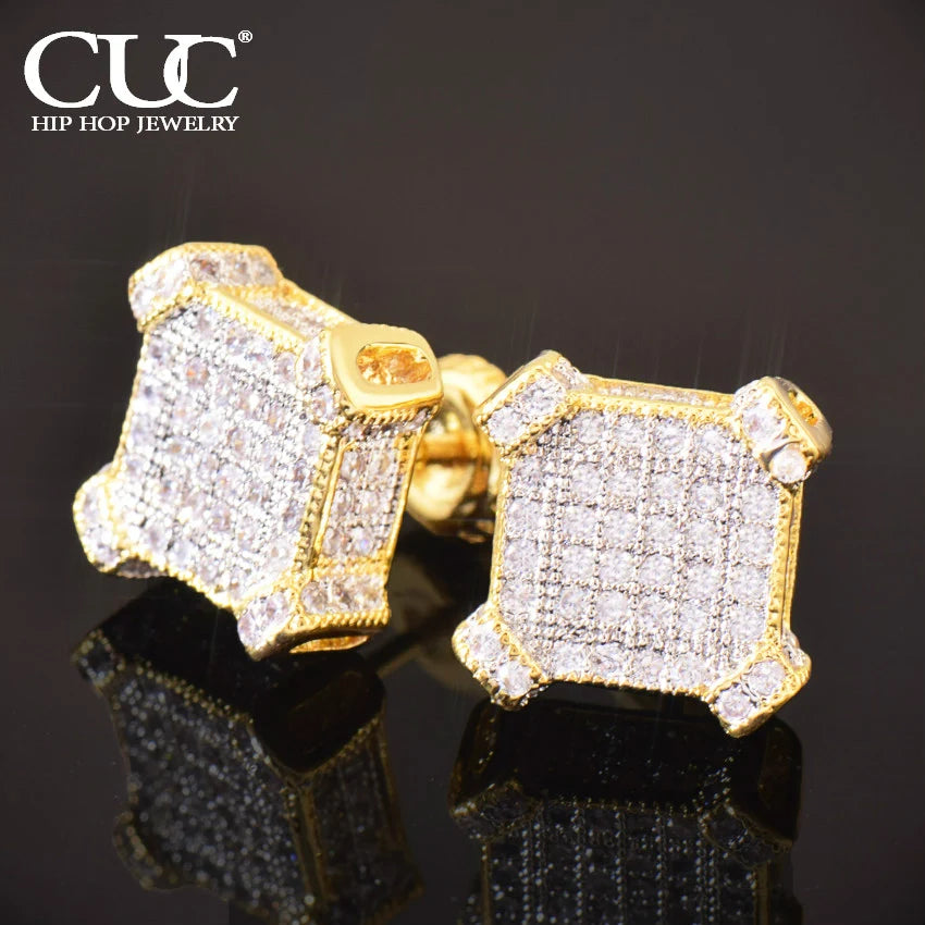 10MM Square Zircon Earring Gold,  silver Color - Men Women Screw Stud Earrings