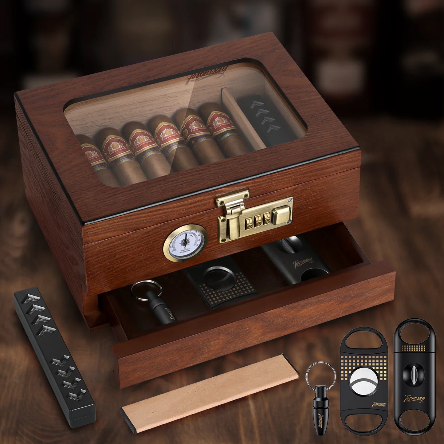 Cedar Wood Cigar Humidor,Glass Top Desktop Box with Front Hygrometer,Humidifier,Divider,Accessories Drawer and Combination Lock