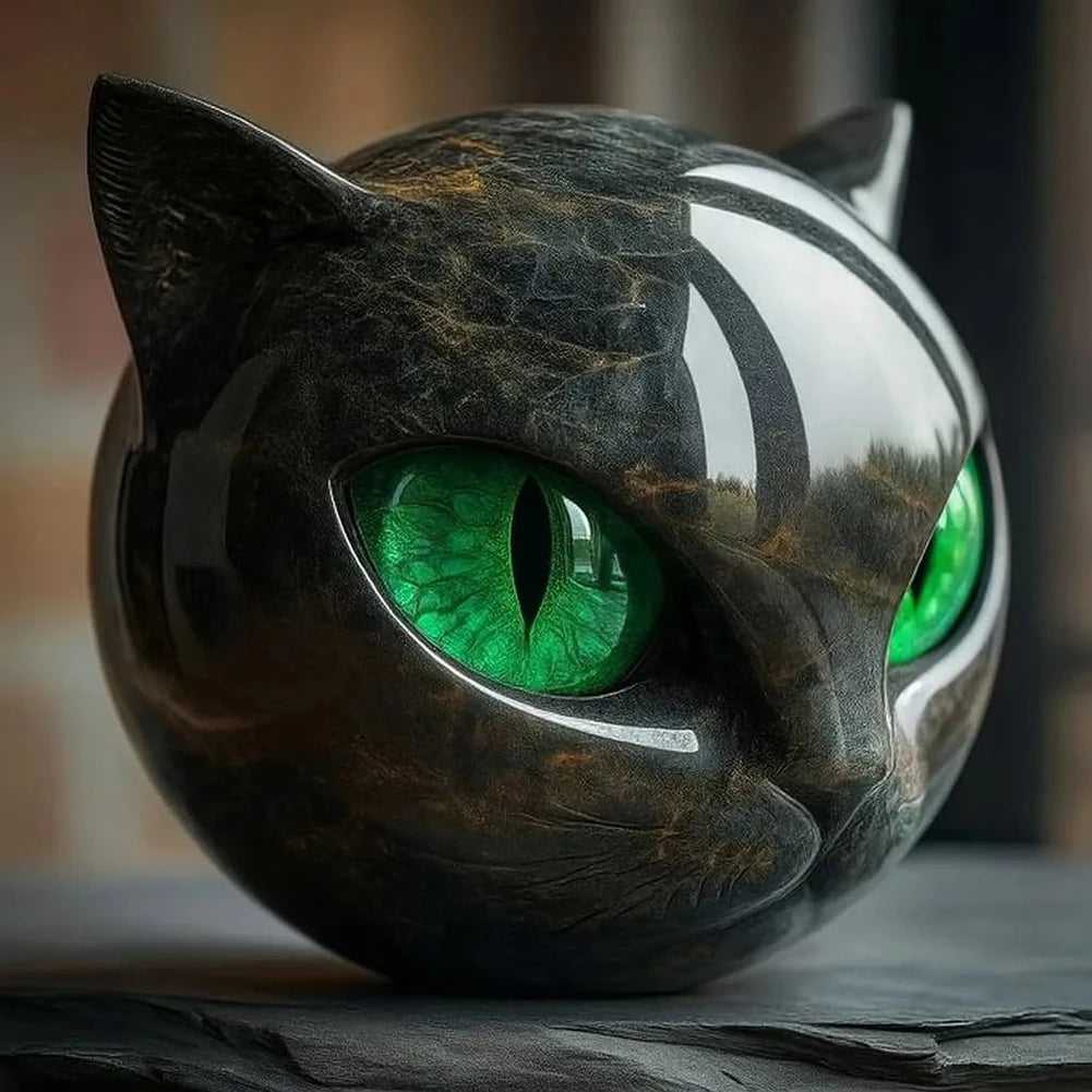 Black Obsidian Crystal Gemstone Cat - Cat Head Sculpture for Halloween & Christmas