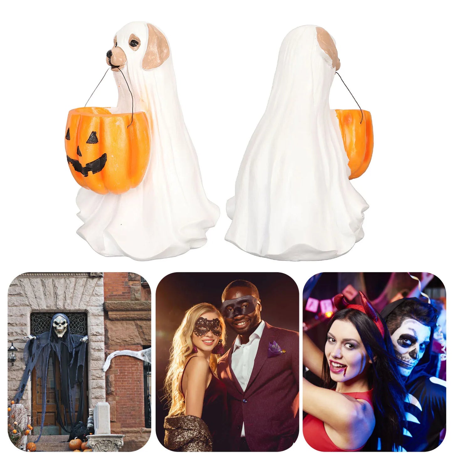 Halloween Ghost Dog Statue Resin Pumpkin Dog -  Cute Spooky Ghost Dog Figurine for Indoor Outdoor