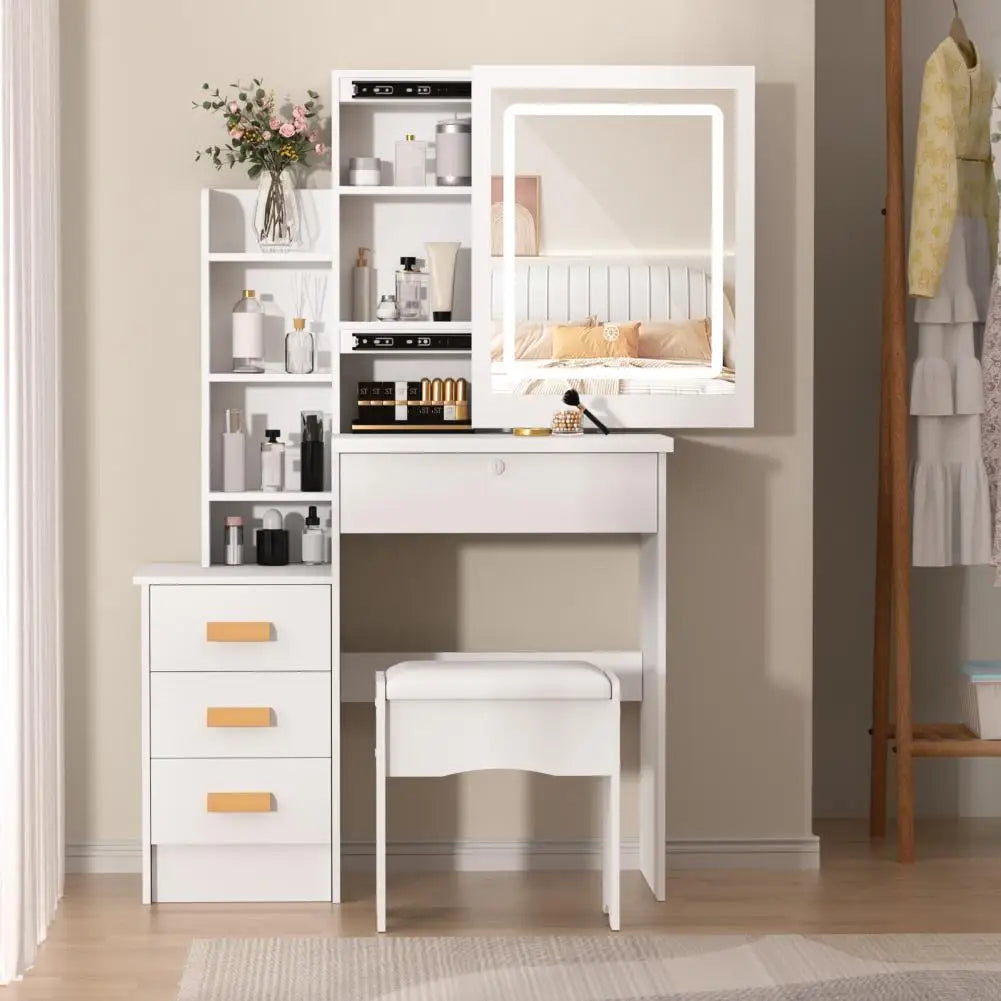 Makeup Vanity With Drawers Shelves With Sliding Mirror And Lights,