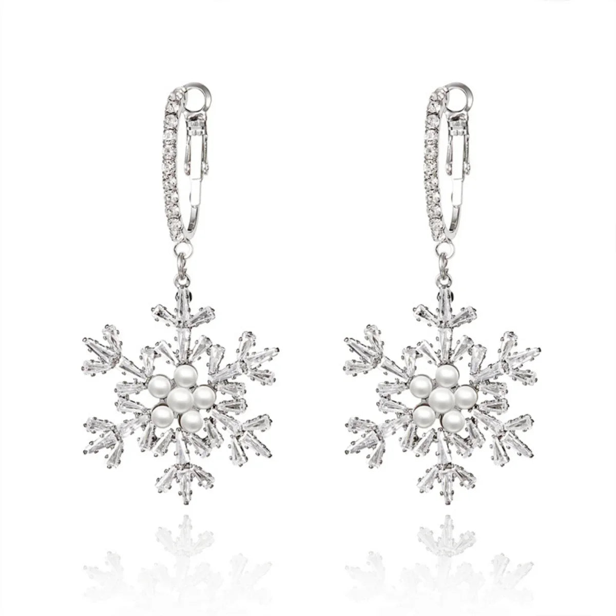 Snow Flower Drop Earrings - Sparkling Zircon Imitation Pearl Snowflake -  Dangle Earring
