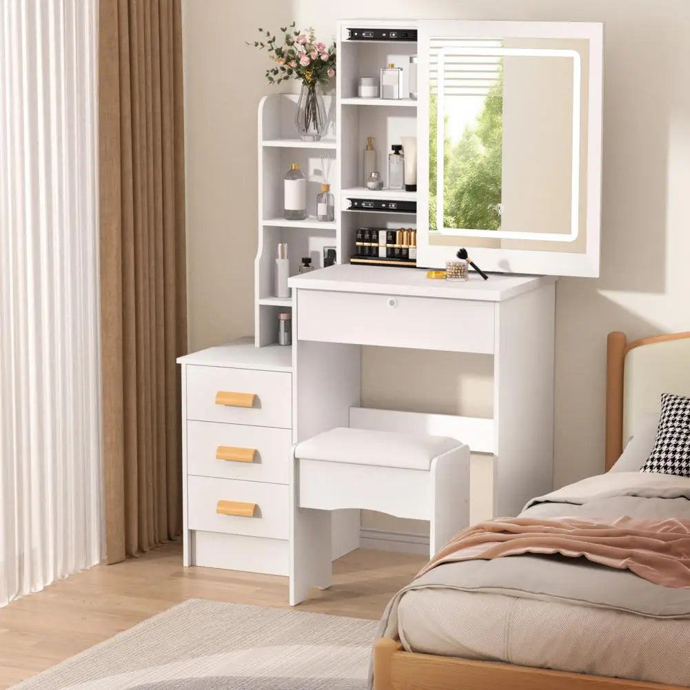 Makeup Vanity With Drawers Shelves With Sliding Mirror And Lights,