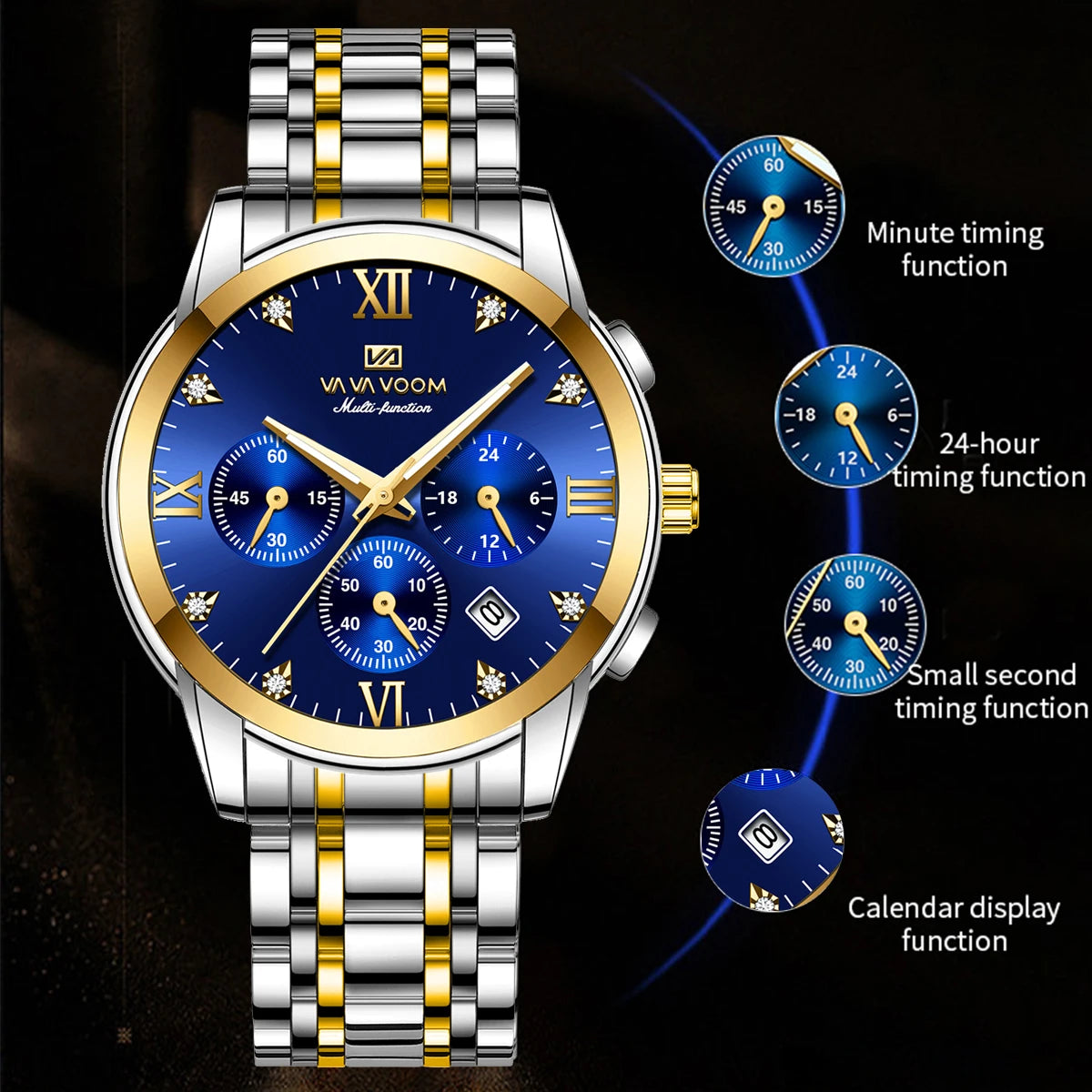 Men Multifunctional Watch - Fashionable Stainless Steel Strap - Blue Gold Rhinestone Clock