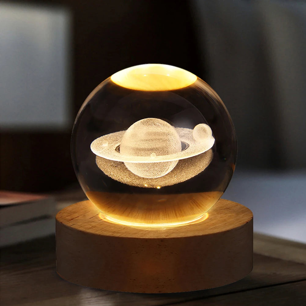 LED Crystal Ball Night Light - Crystal Ball Lamp with Wooden Base - USB Charging