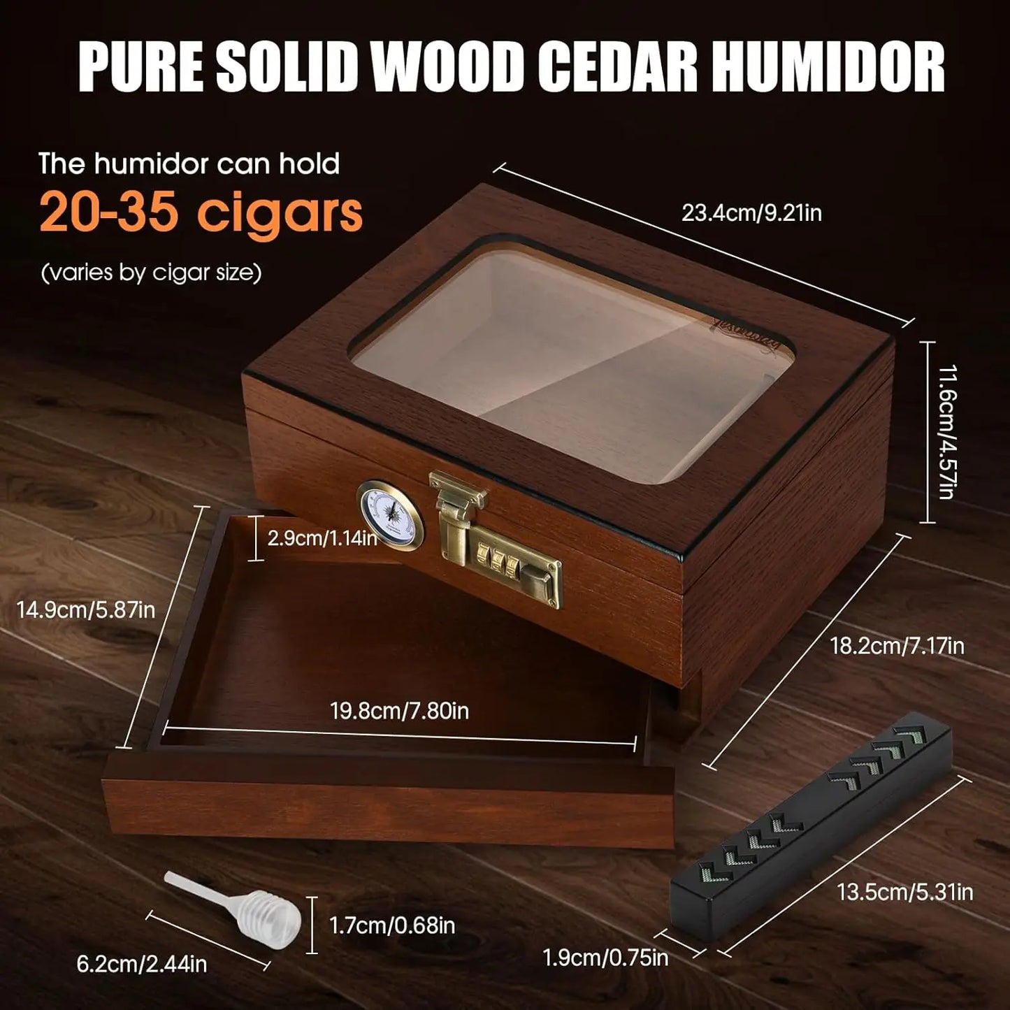 Cedar Wood Cigar Humidor,Glass Top Desktop Box with Front Hygrometer,Humidifier,Divider,Accessories Drawer and Combination Lock