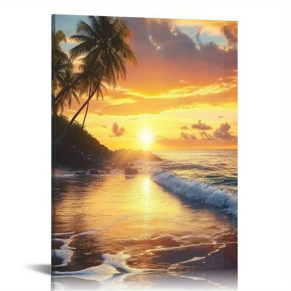 Romantic Coastal Painting with Warm Sunset