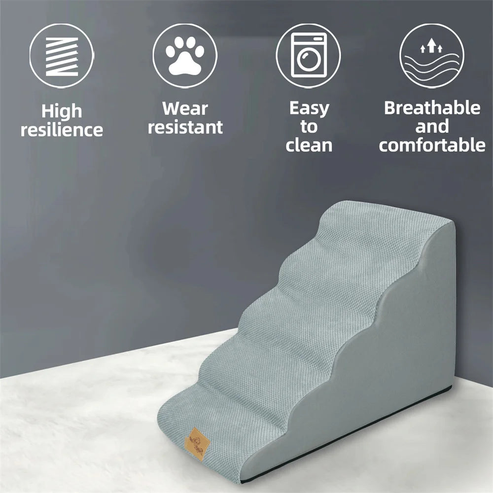 Dog Ramp Step Stairs - 5 Steps - Pet Stairs for High Beds and Sofa - Density Sponge Foam -  Removable Washable Cover