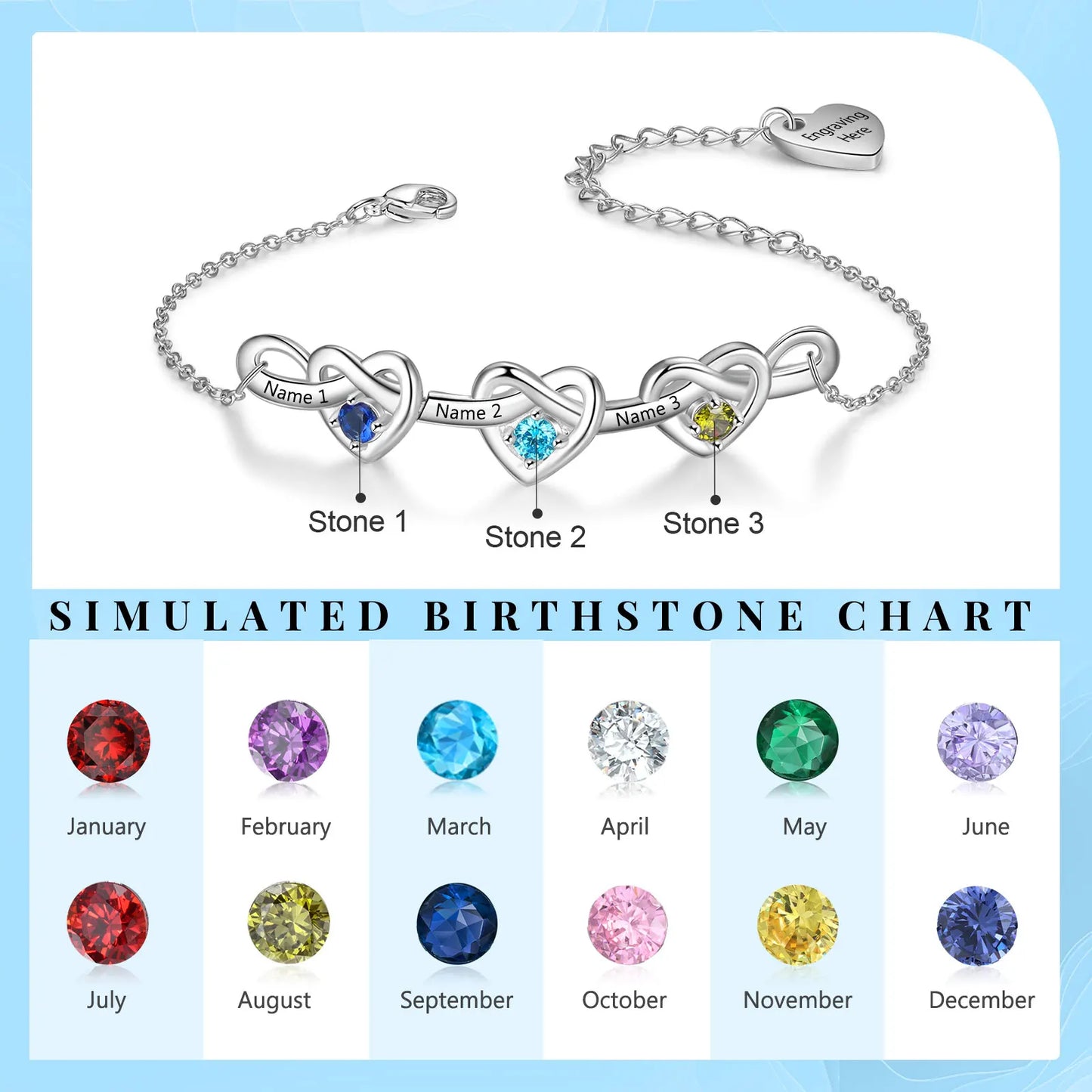 Heart Bracelet with 2-6 Birthstones