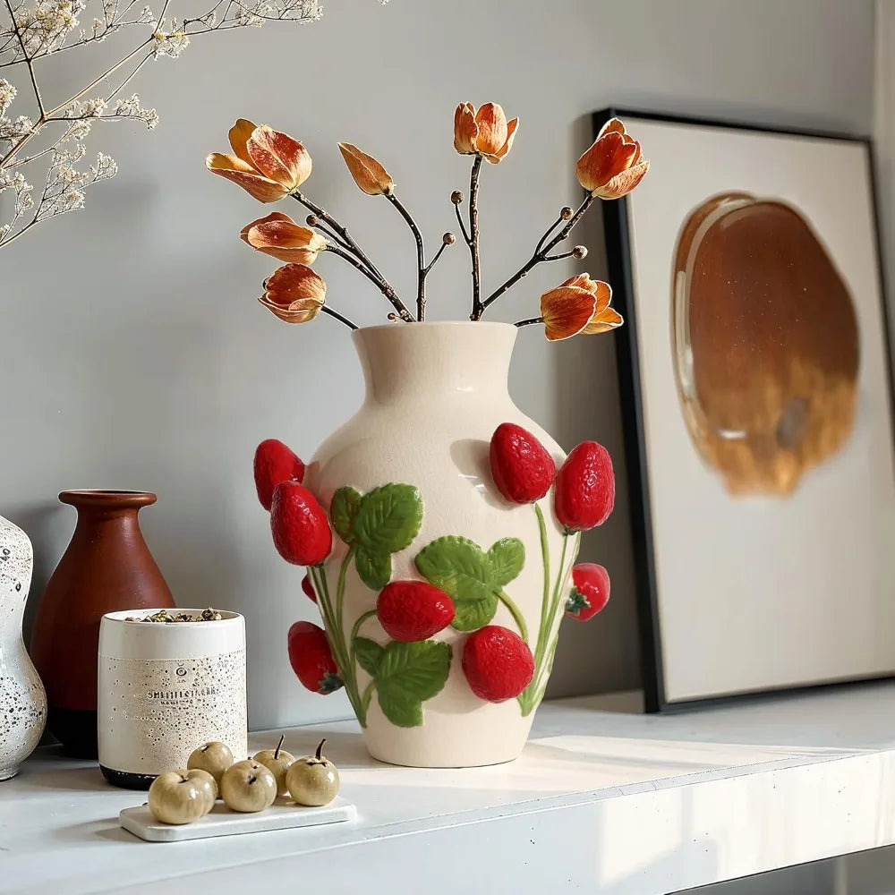 Unique Ceramic Flower Vase, - Modern Decorative Pottery Vases for Dining Table or Living Room Decor,- Ivory with Red Strawberries