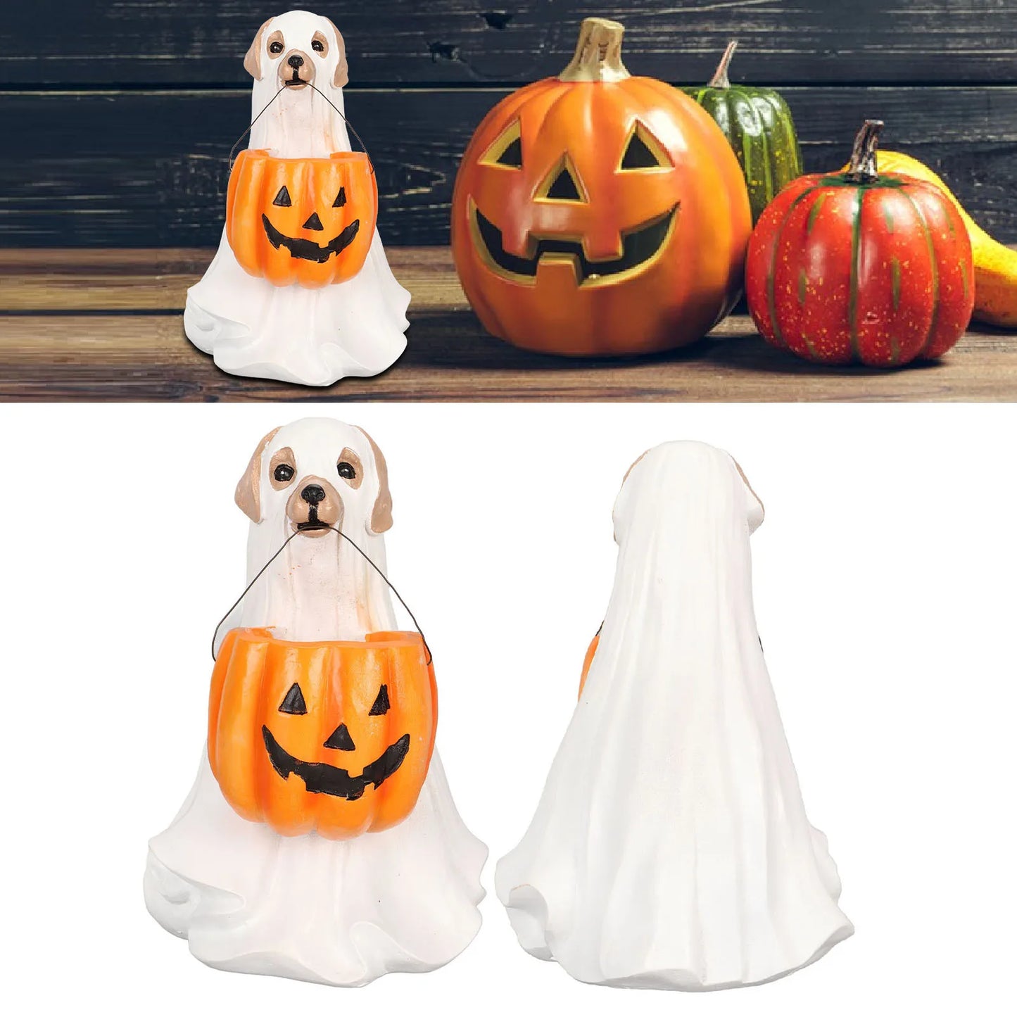 Halloween Ghost Dog Statue Resin Pumpkin Dog -  Cute Spooky Ghost Dog Figurine for Indoor Outdoor