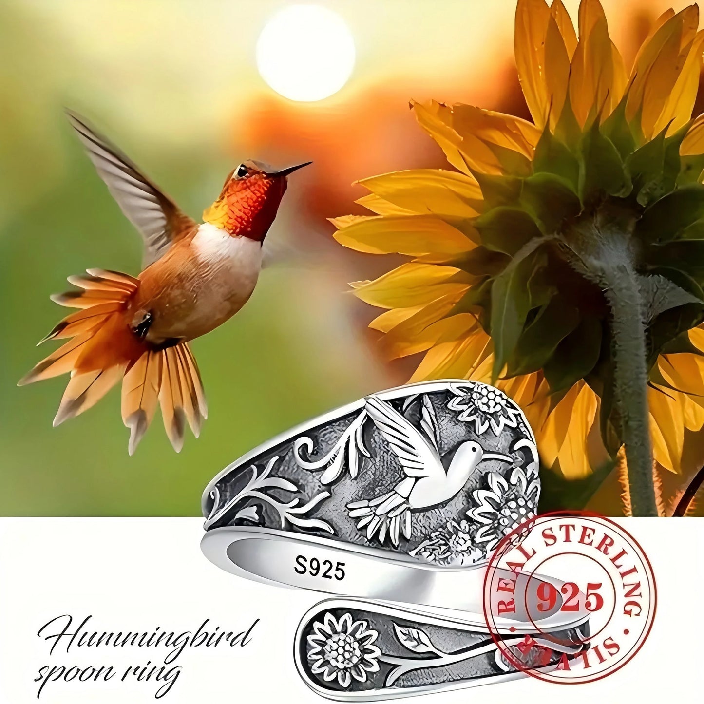 Adjustable Bohemian Ring - S925 Silver Floral & Bird Open Band, - Unique Gift Idea